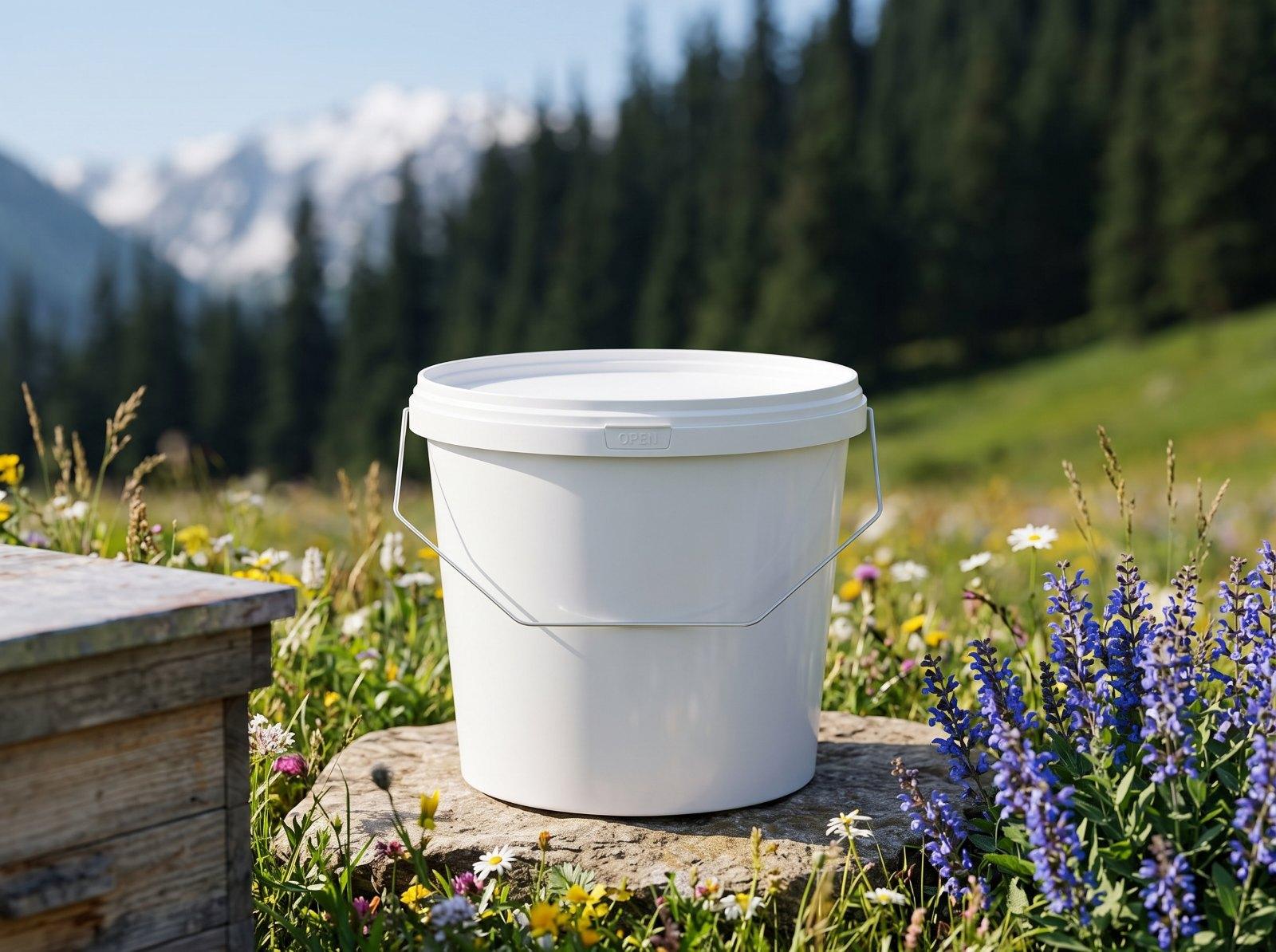 White 3.8 L plastic bucket with lid and metal bail handle on a flat stone among mountain meadow flowers, next to a wooden beehive below the Dzungarian Alatau range