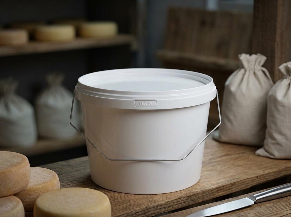 White 3 L plastic bucket with lid covered in condensation on a wooden shelf in a cheese aging room next to cheese wheels