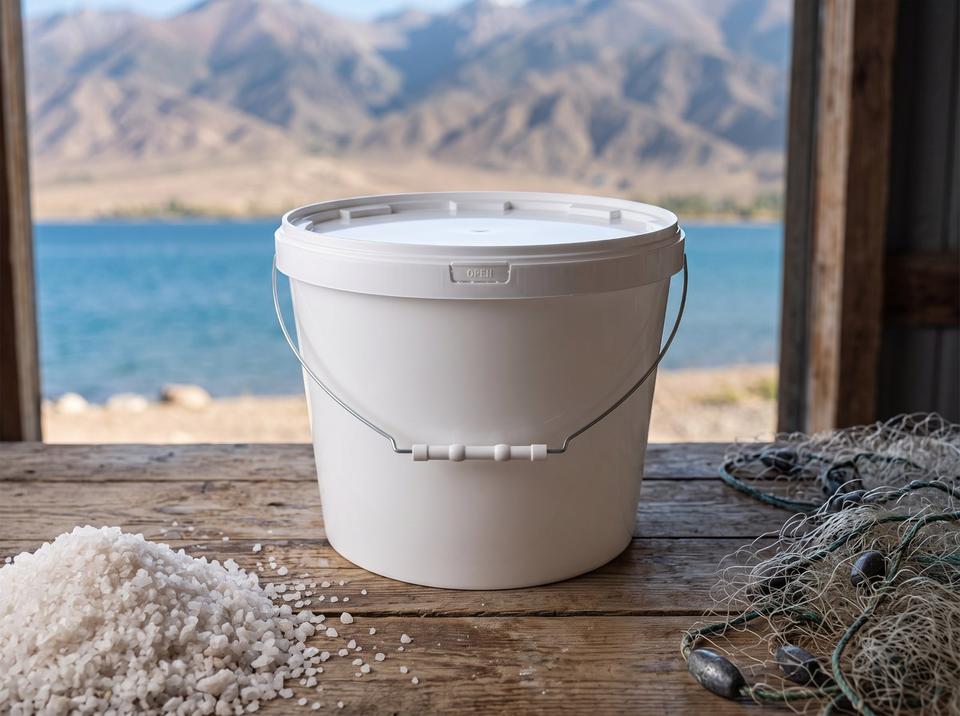 White 11.5 liter plastic bucket with lid and bail handle with plastic grip on a wooden table on the shore of Issyk-Kul near Balykchy, next to a pile of coarse salt