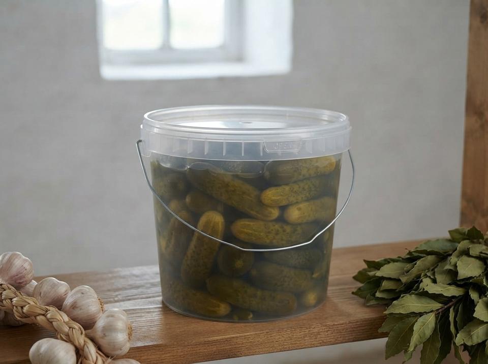 Clear 5.6 L plastic bucket of pickled cucumbers on a wooden shelf in a canteen pantry next to a braid of garlic