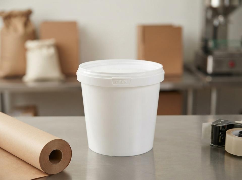 White 1 L plastic bucket with lid on a stainless steel packing table in a filling room next to a roll of kraft paper