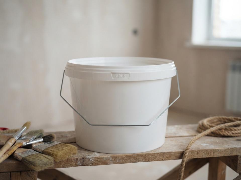 White 3 L plastic bucket with lid and metal bail handle on wooden sawhorses in an apartment under renovation, next to paintbrushes