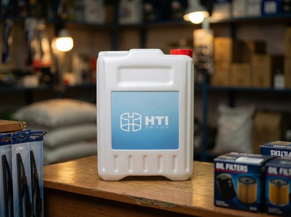White 5 L plastic jerry can on a wooden counter in an auto parts store next to windshield wiper blades