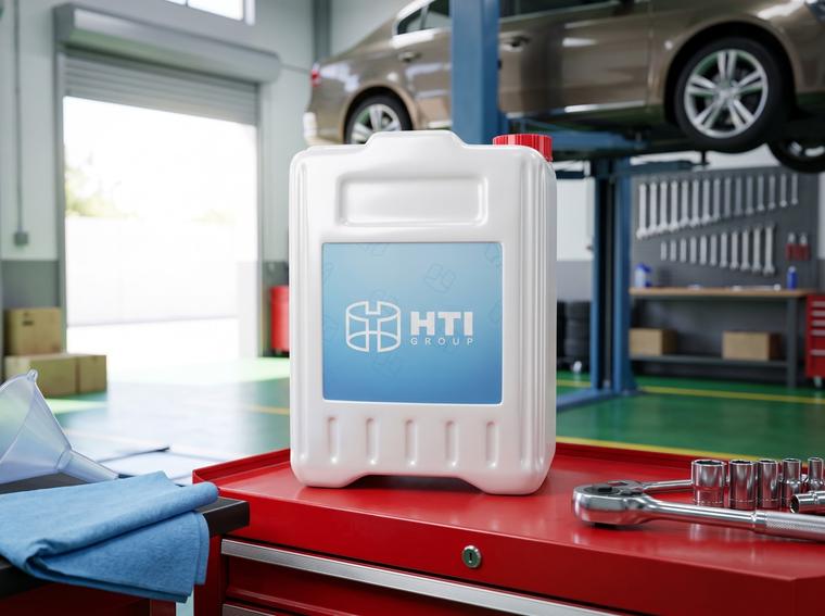 White 5-liter plastic jerry can with a screw cap at an auto shop in Bishkek