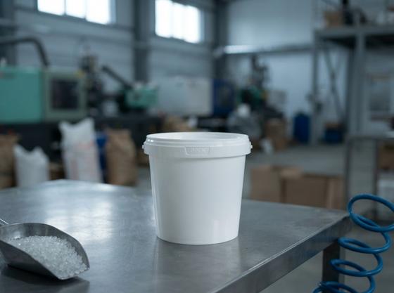 White 1 L plastic bucket with lid on a steel table in the molding shop next to a metal scoop of plastic pellets