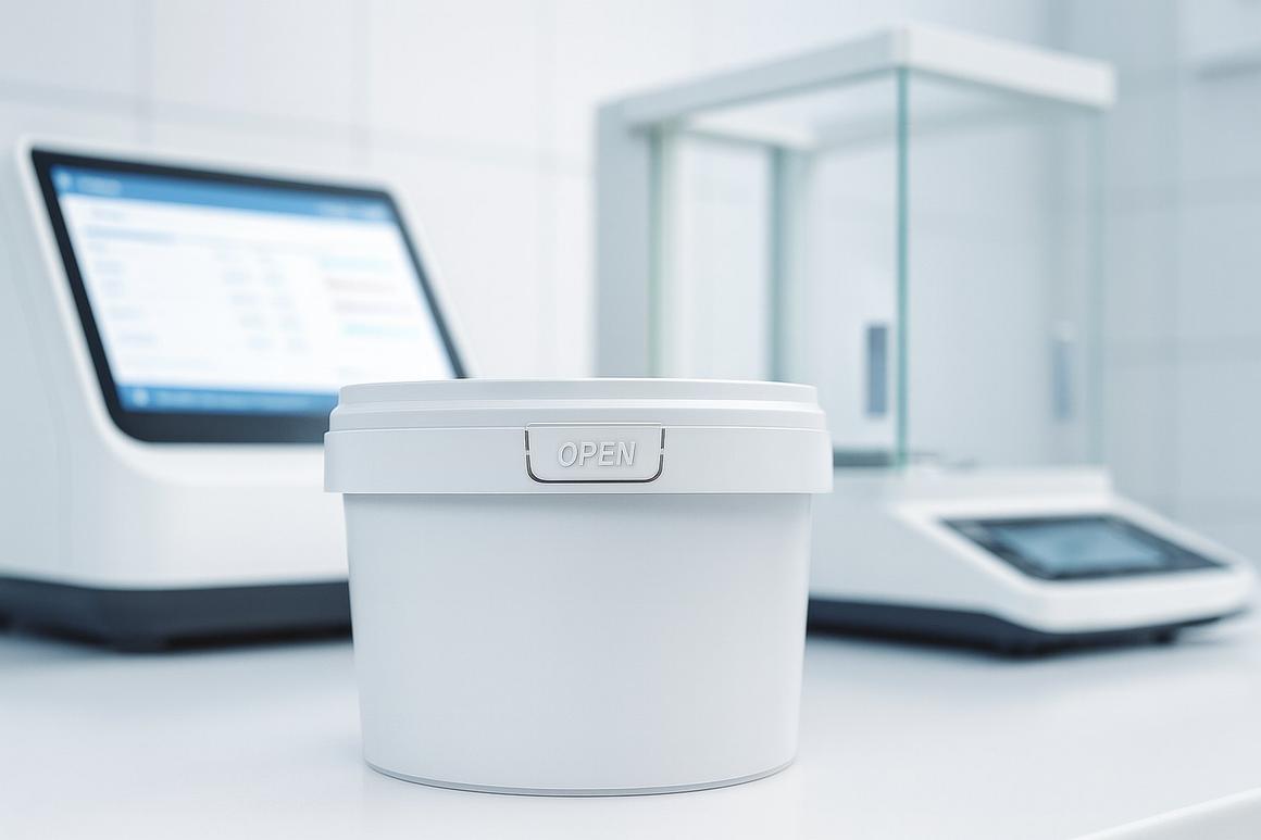 White plastic bucket next to a laboratory scale