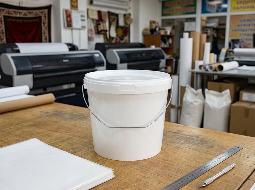 White 5.6 L plastic bucket with lid on a cutting table in a print shop next to a stack of clean film sheets