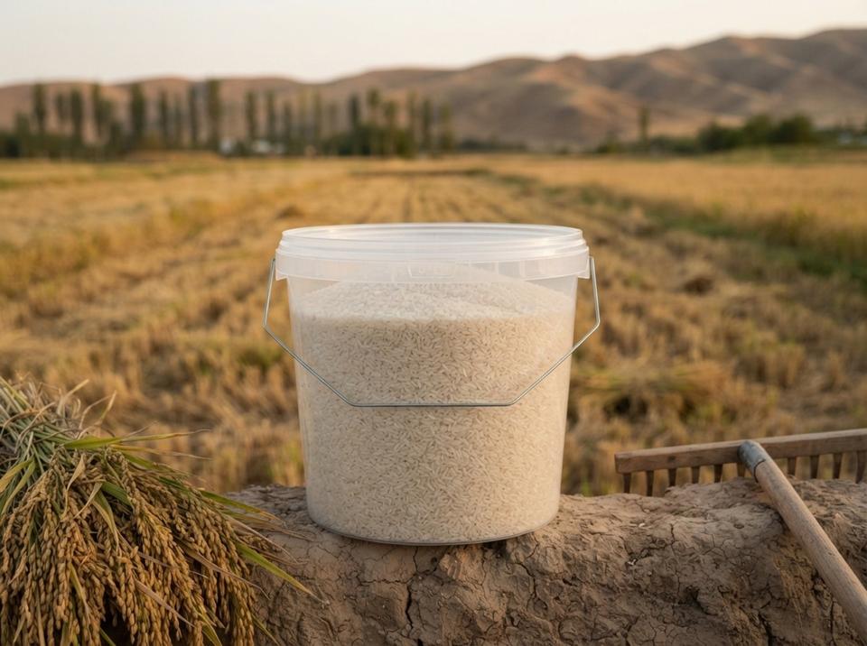 Clear 3.8 L plastic bucket of rice with lid and metal bail handle on a clay wall by a rice paddy in the valley