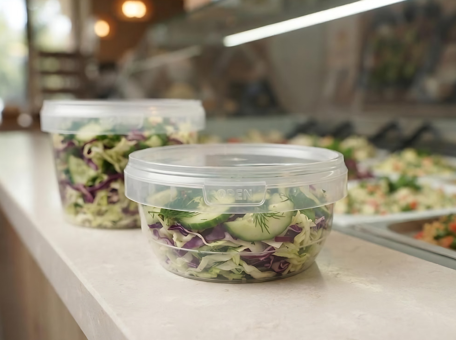 Salad in a clear shallow 385 ml container on a deli counter
