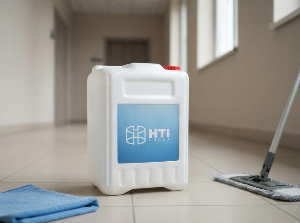 White 5 L plastic jerry can with cap on the tiled floor of an office building hallway, next to a folded microfiber cloth