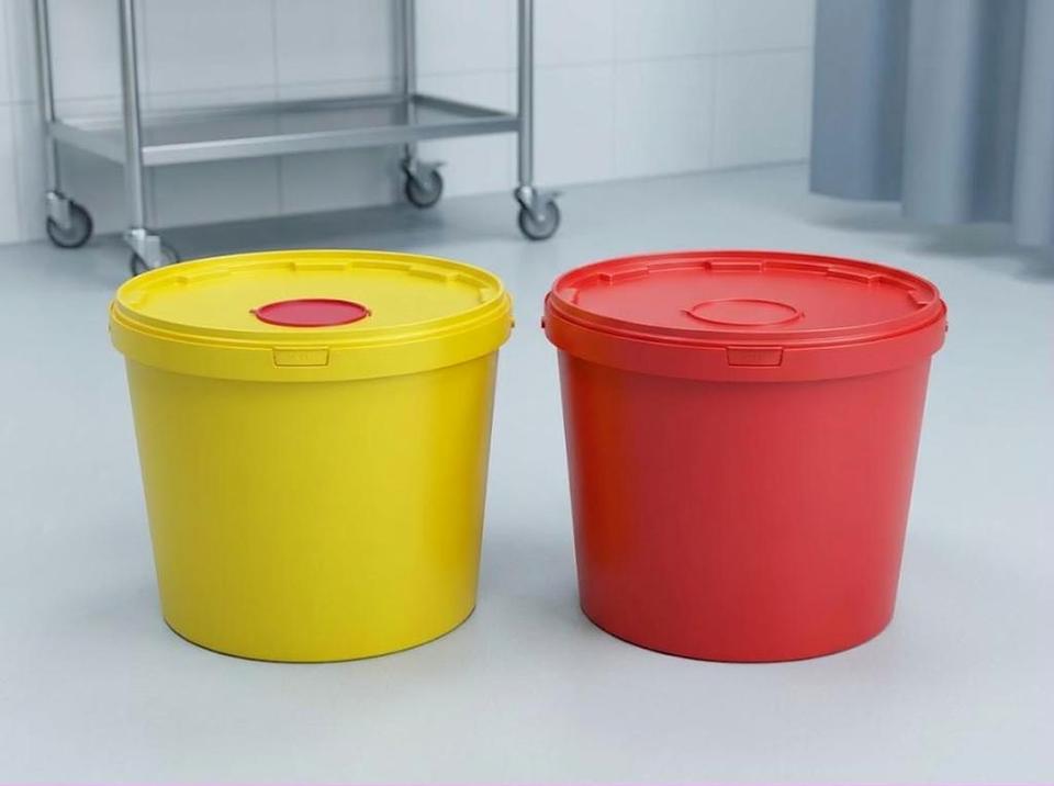 Yellow and red 11.5 liter medical buckets in a clinic room