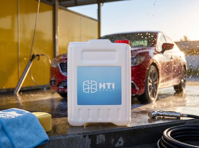White 10 L plastic jerry can with a cap at a car wash
