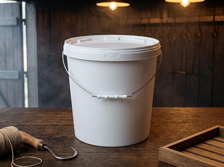 White 15 L plastic bucket with steel bail handle and lid in a smokehouse