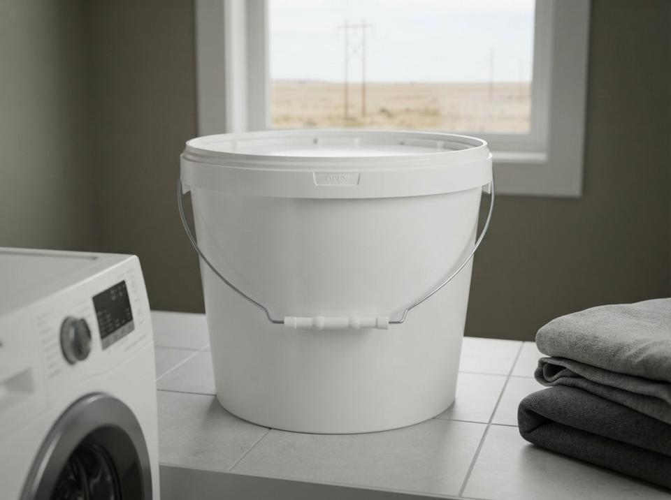 White 11.5 L plastic bucket with lid and metal bail handle with plastic grip on the tiled floor of a dormitory laundry room, next to a washing machine