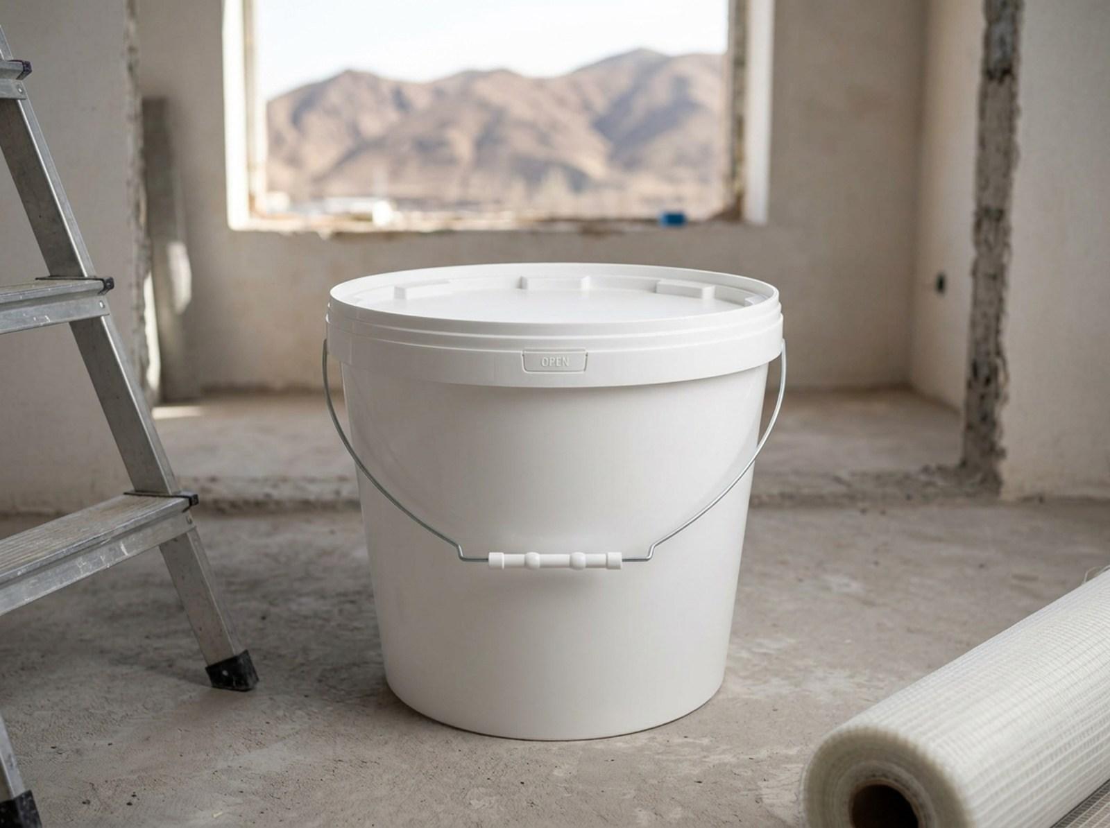 White 18 L plastic bucket with lid and metal bail handle with plastic grip on the concrete floor of an apartment under renovation, with the Karatau Range in the window opening