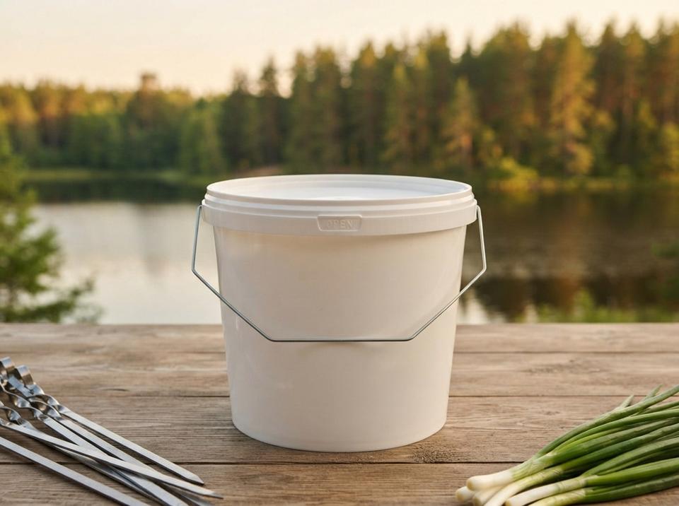 White 3.8 L plastic bucket with a lid and a metal bail handle on a wooden table on a lakeside cafe's summer terrace, skewers on the left, a bunch of green onions on the right, the lake and pine forest behind