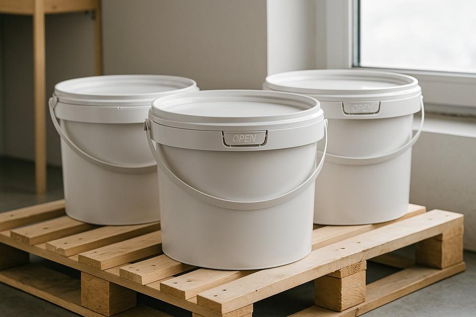 White buckets with metal bail handles on a wooden pallet