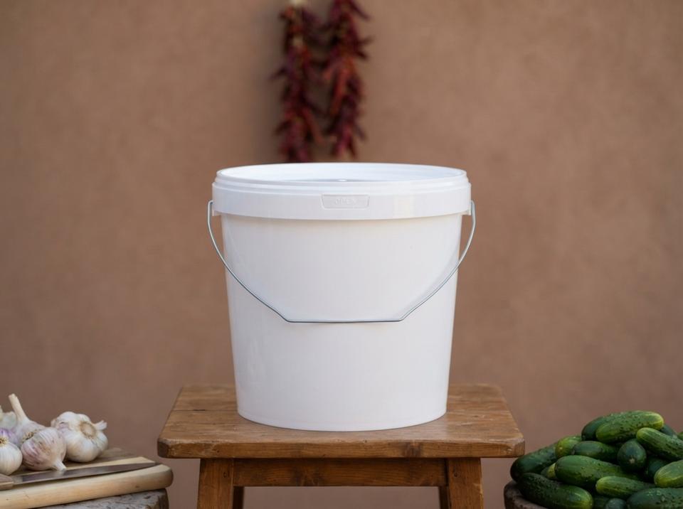 White 5.6 L plastic bucket with lid and metal bail handle on a table in an adobe courtyard next to cucumbers and garlic