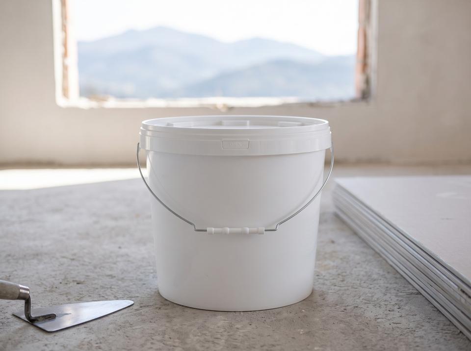 White 18 L plastic bucket with lid and metal bail handle with plastic grip on the concrete floor of a house under construction in the suburbs