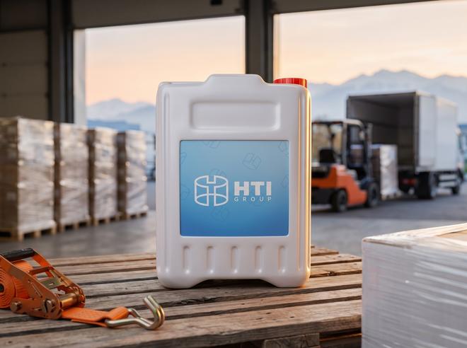 10 L plastic jerry cans on a pallet in the warehouse shipping area