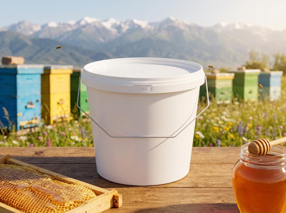 3.8 L plastic bucket on a table at an apiary near Issyk-Kul