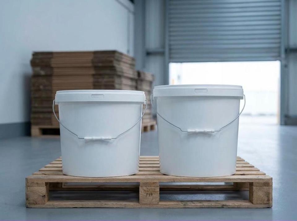 18 and 21 liter plastic buckets side by side: same diameter, different height