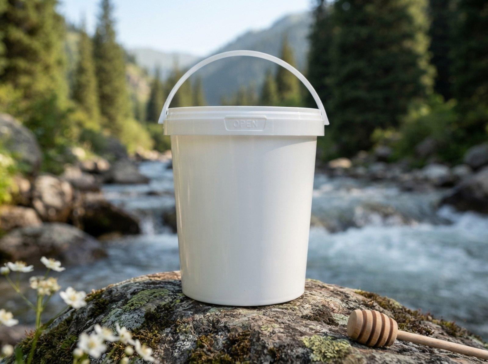 White 900 ml plastic bucket with lid and molded-in handle on a mossy boulder by a mountain river in a gorge, next to white wildflowers