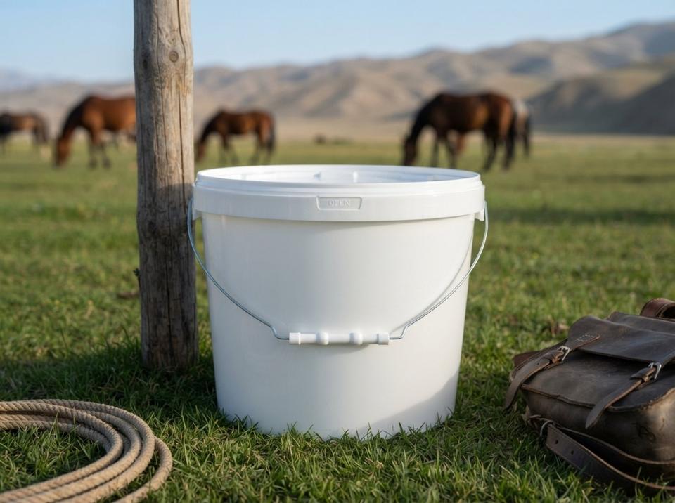 White 11.5 L plastic bucket with lid and metal bail handle with plastic grip on the grass by a hitching post on a pasture near Kochkor, with horses and hills behind