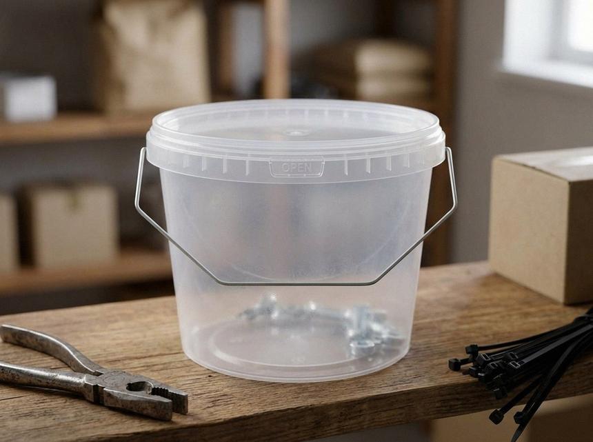 Clear 2.3 L plastic bucket with lid on a wooden shelf in an auto repair shop parts room next to pliers and a bundle of plastic cable ties