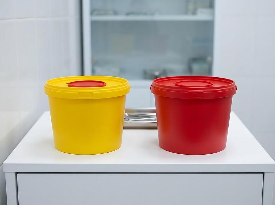Yellow and red 2.3 liter medical buckets on a cabinet in a treatment room