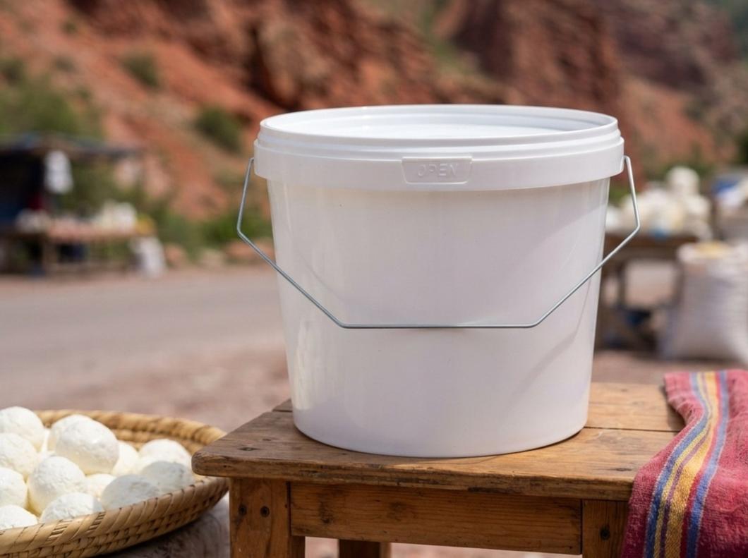 White 2.3 L plastic bucket with lid and bail handle on a roadside table in the Boom Gorge next to a tray of kurt balls