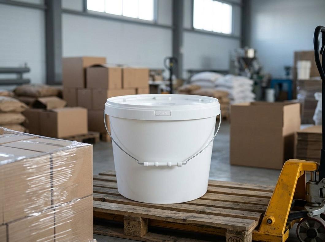 White 11.5 L plastic bucket with metal bail handle, plastic grip, and lid on a wooden pallet in a food plant warehouse