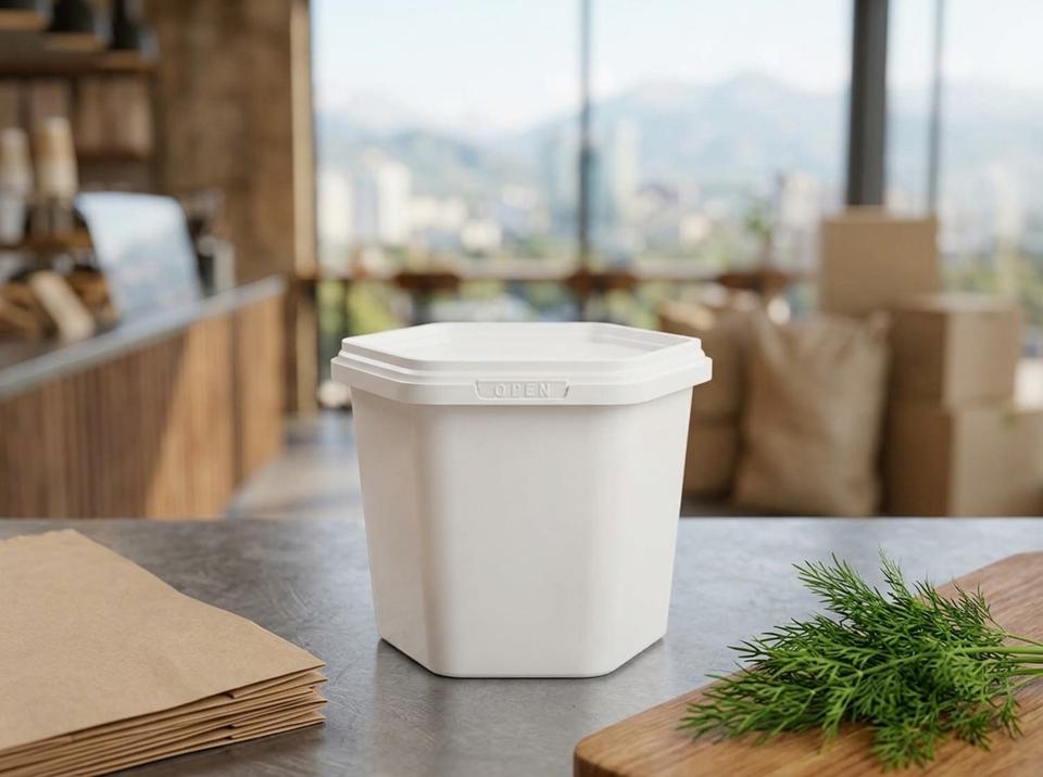 White 400 ml hexagonal plastic container with lid on the pass of a cafe kitchen in Almaty, with mountains visible through the window