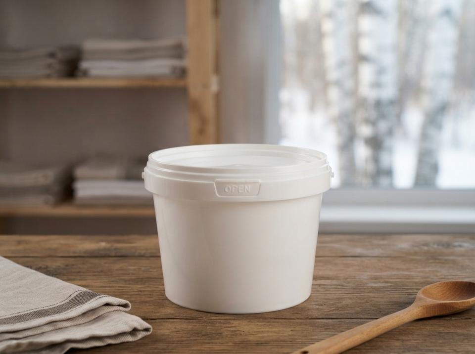 White 800 ml plastic bucket with a lid on the wooden counter of a dairy shop in Rudny, next to a linen towel