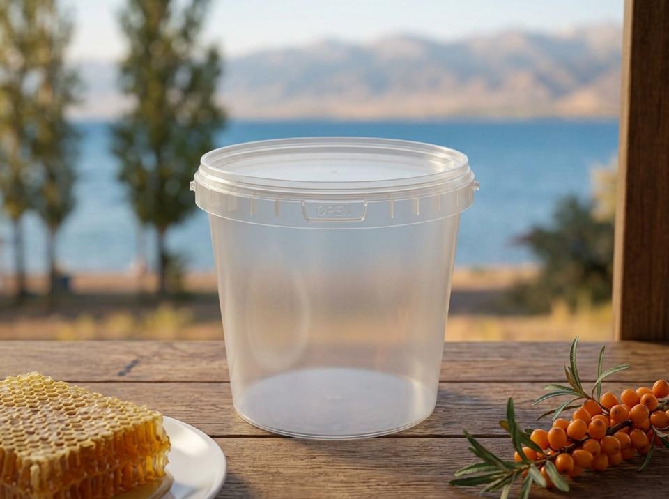 Clear 1 L plastic bucket with lid on a waterfront stall in Cholpon-Ata, next to a piece of honeycomb