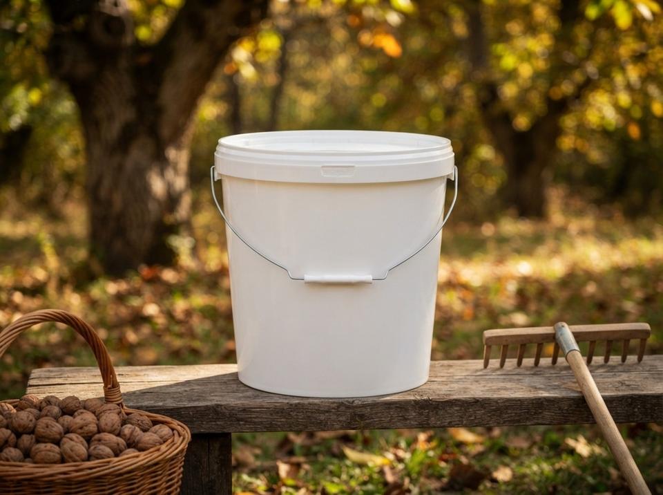White 21 L plastic bucket with bail handle and plastic grip on a wooden bench in the Arslanbob walnut forest, next to a basket of walnuts