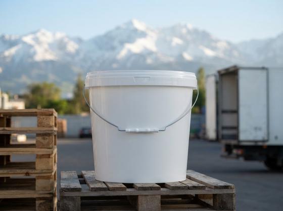 White 18 L plastic bucket with lid and bail handle on a pallet in the factory yard in the Chuy Valley with the Kyrgyz Ala-Too mountains behind