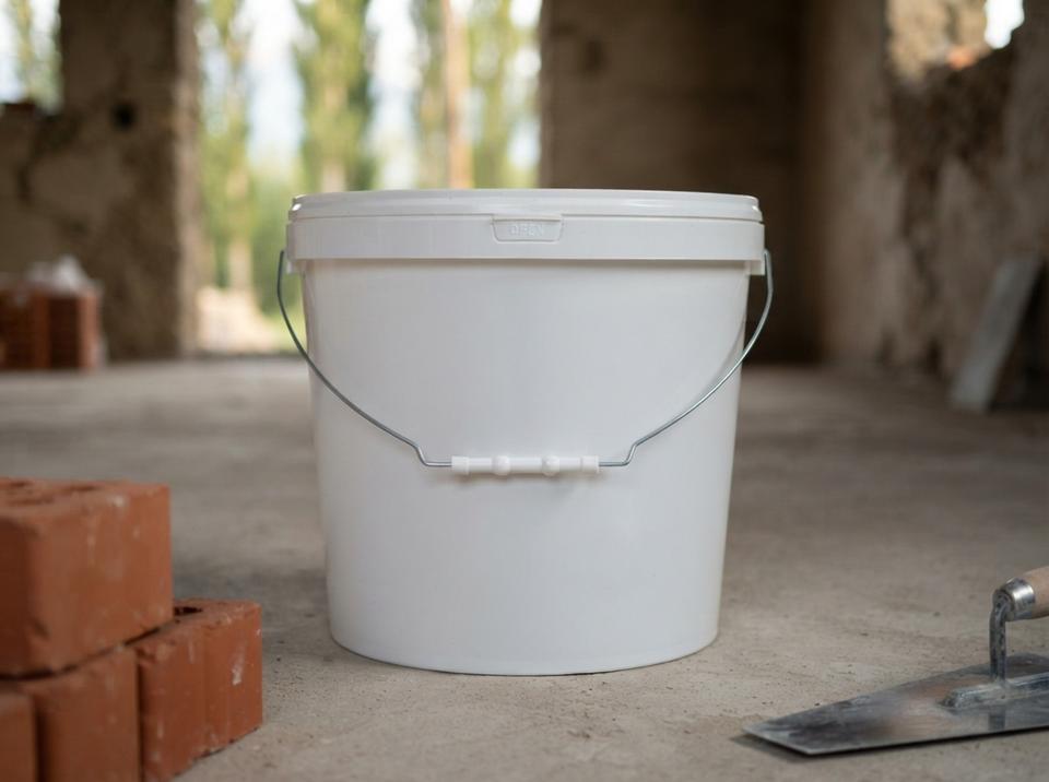 White 18 L plastic bucket with metal bail handle, plastic grip, and lid on the concrete floor of a house under construction, next to bricks and a trowel