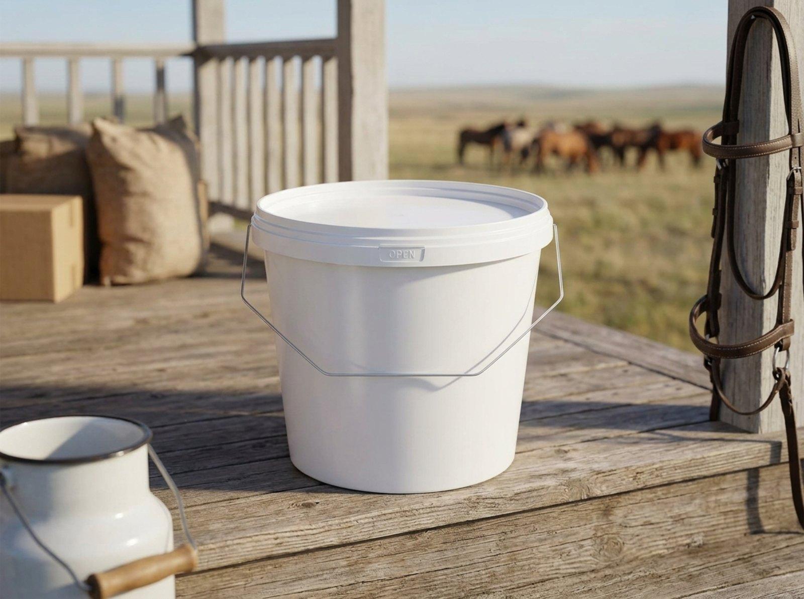 White 3.8 L plastic bucket with lid on the wooden porch of a steppe farm near Aktobe, a herd of horses in the distance