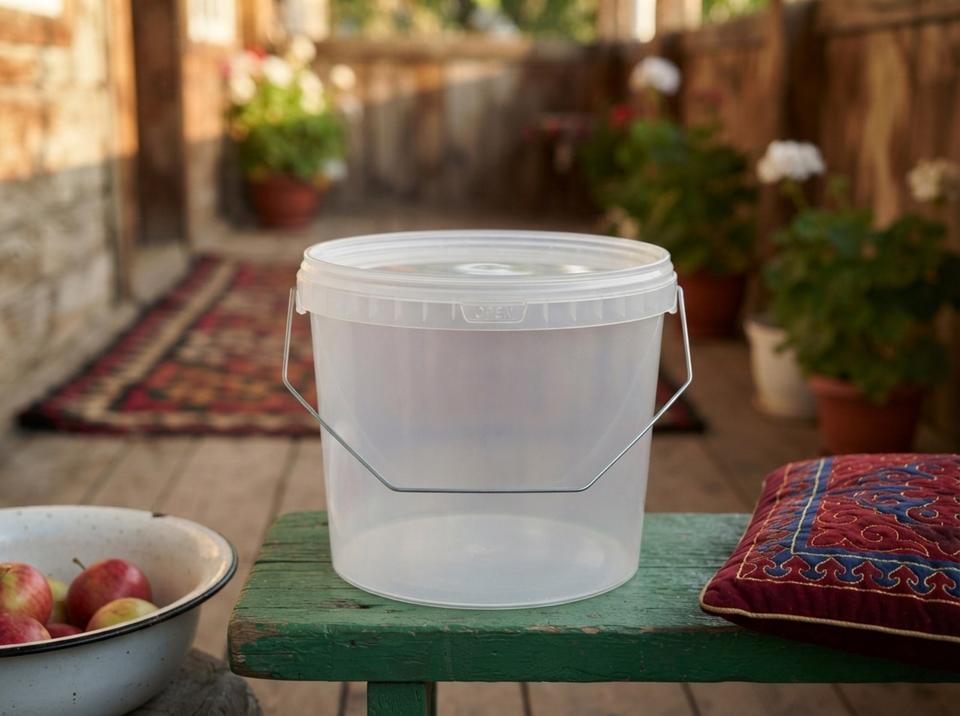 Clear 3 L plastic bucket with lid and bail handle on a green porch bench near Cholpon-Ata next to a basin of apples