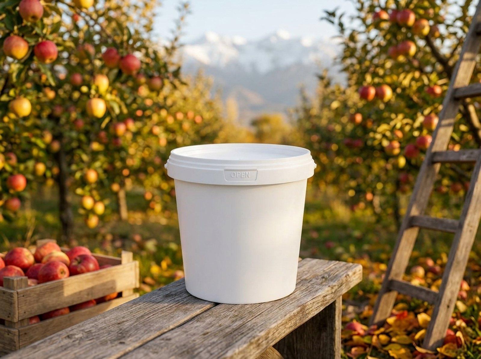 White 1 L plastic bucket with lid on a bench in an apple orchard at the foot of the Trans-Ili Alatau