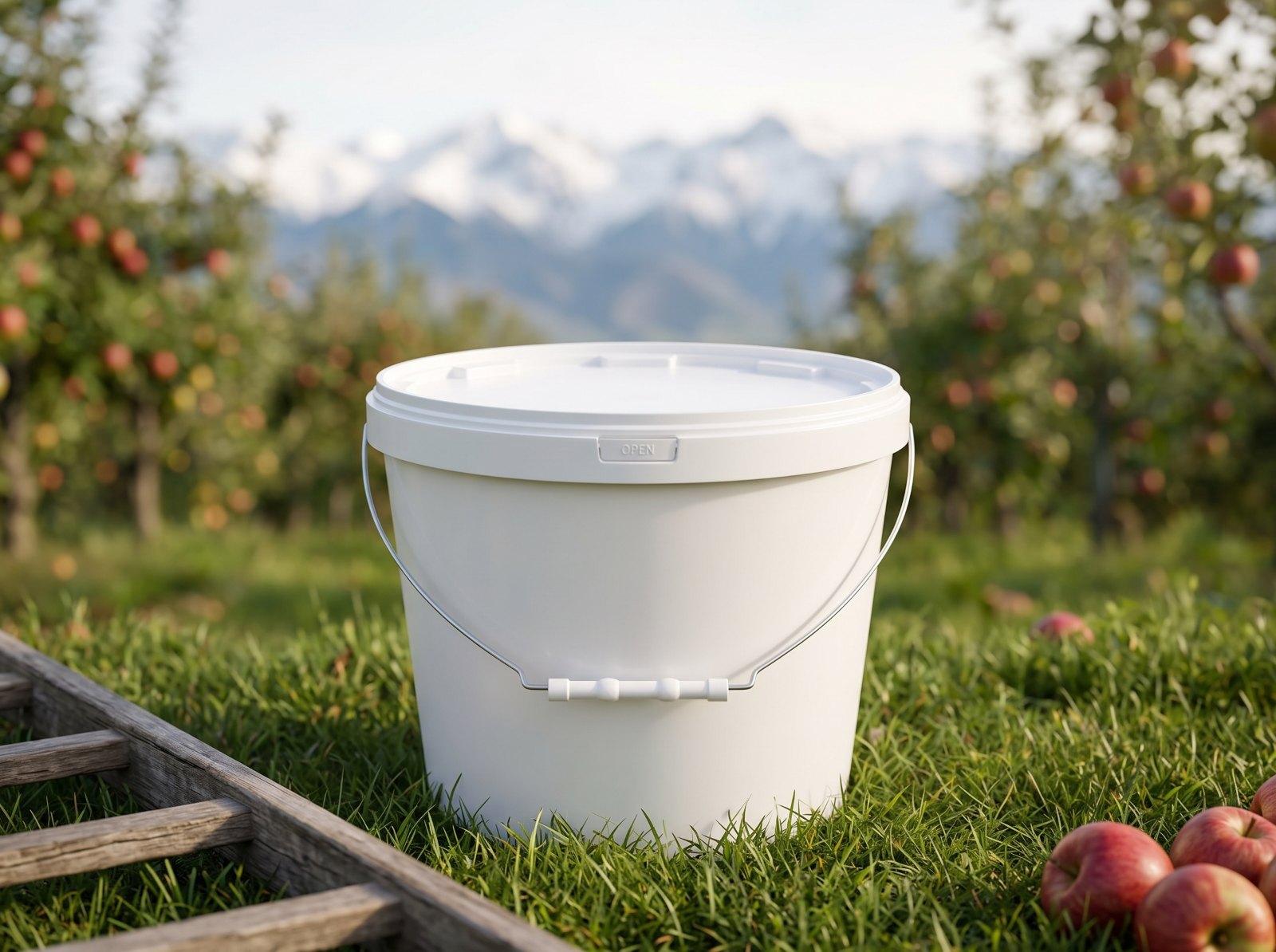 White 11.5 L plastic bucket with lid and metal bail handle on the grass of an apple orchard in the Trans-Ili Alatau foothills