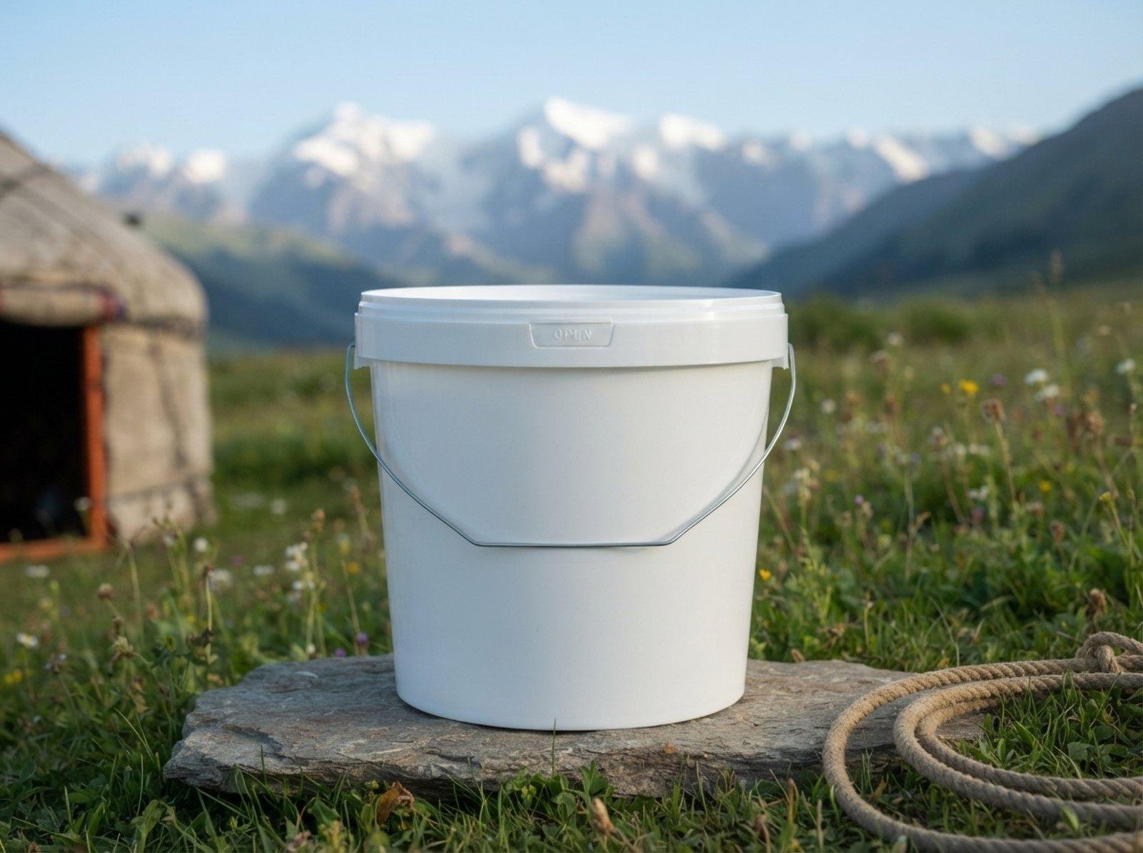 White 5.6 L plastic bucket with lid and metal bail handle on a flat stone in a summer pasture in the Alay Valley, by a felt yurt