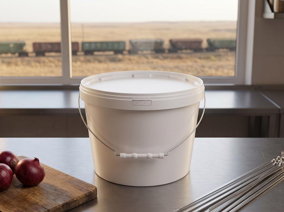White 8 L plastic bucket with lid and metal bail handle with plastic grip on a steel counter in a roadside cafe kitchen, a freight train on the steppe outside the window