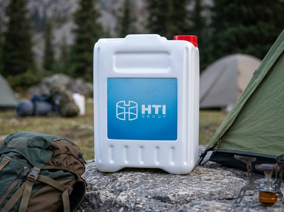 White 5 L plastic jerry can on a flat rock by a tent in a mountain camp, next to a backpack