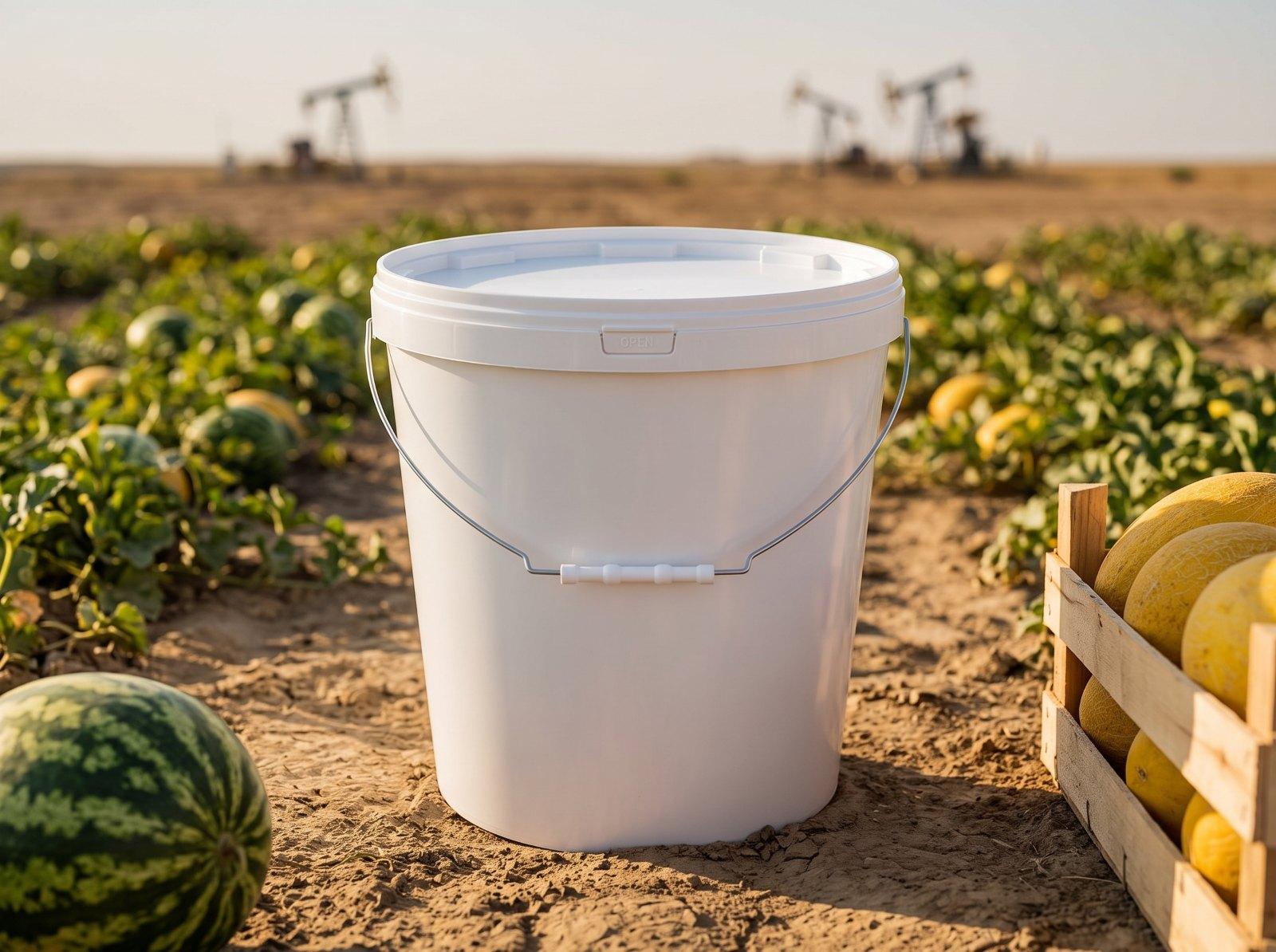 White 21 L plastic bucket with lid and metal bail handle with plastic grip on the sandy soil of a melon field among watermelons, with pumpjacks in the distance