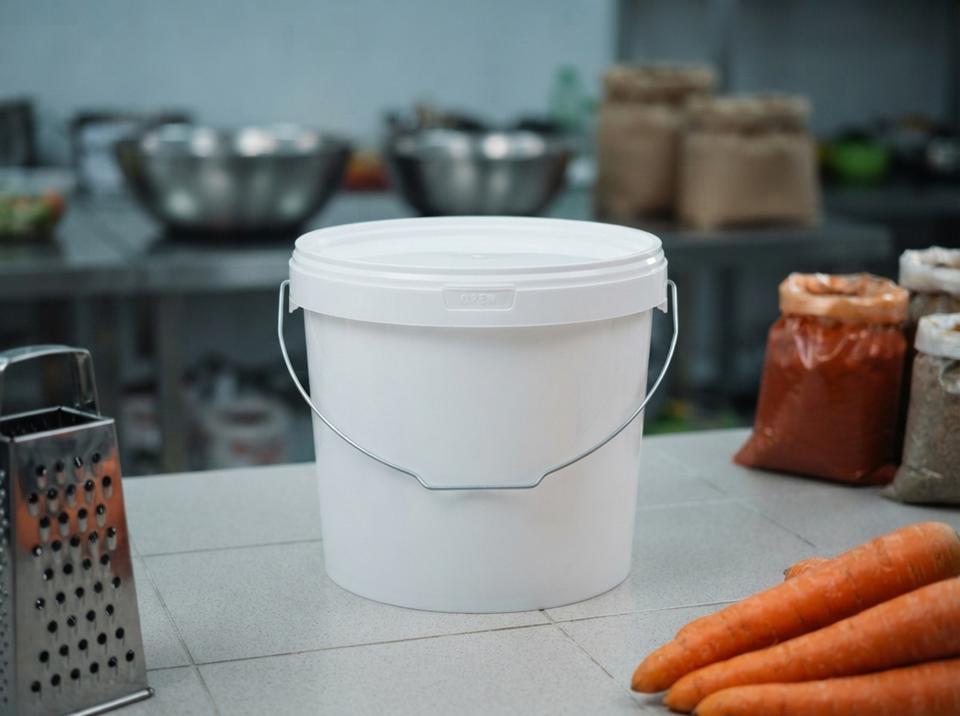 White 5.6 L plastic bucket with lid on a light tiled countertop in a Korean salad kitchen next to a grater and carrots