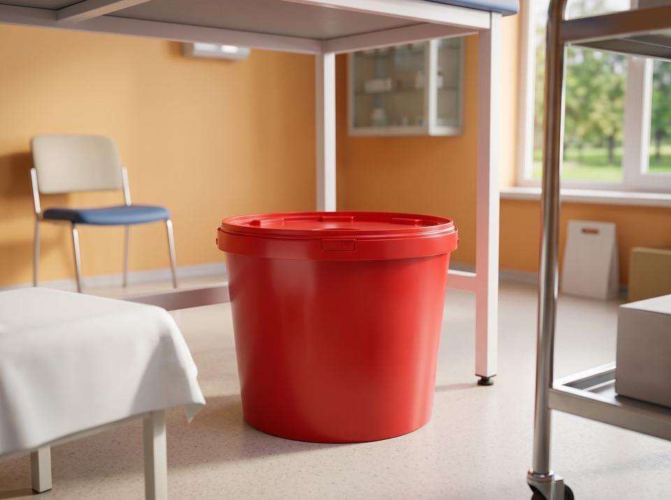 Red 11.5 liter medical waste bucket under a table in a treatment room
