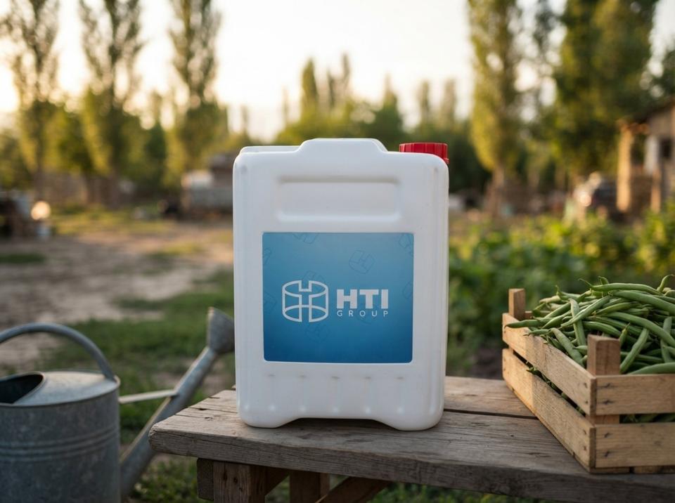 White 5 L plastic jerry can with screw cap on a wooden bench in a farmyard near Talas, next to a galvanized watering can