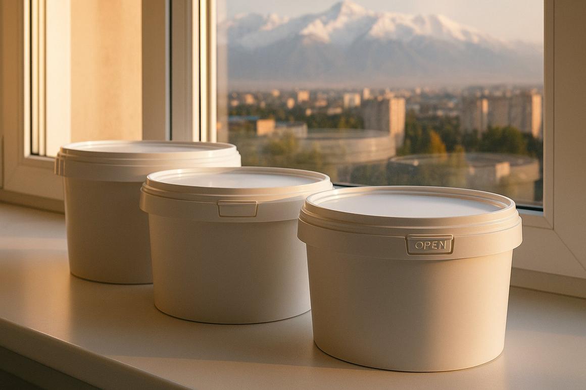 Three plastic buckets with lids on a windowsill overlooking the city and mountains